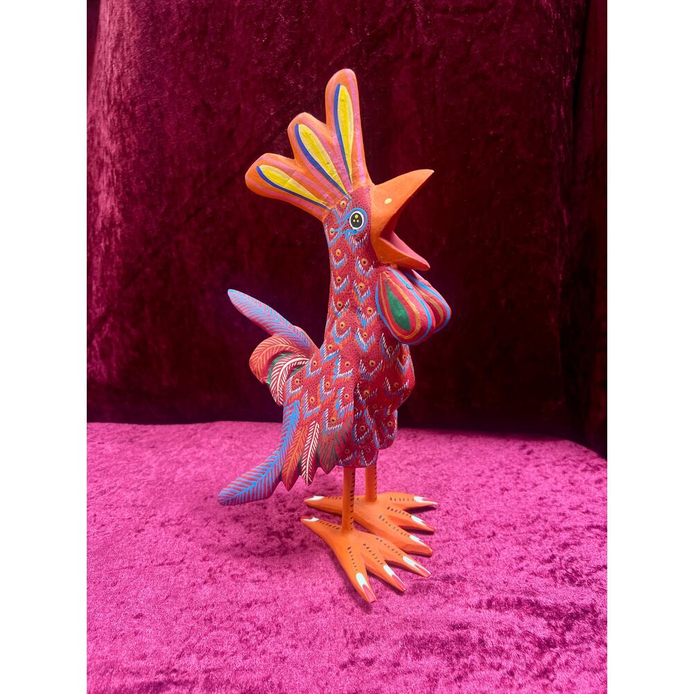 Vintage Carved Wood Red Rooster Figure - Hand Painted Alebrije Mexican Folk Art